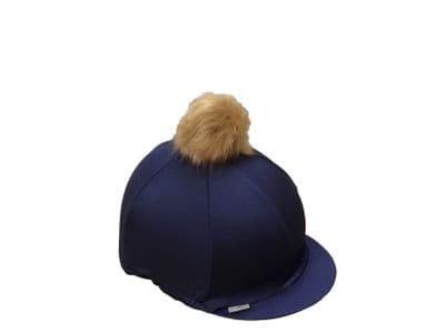 Lycra Hat Cover Navy & Ash Brown Faux Fur Pom Pom