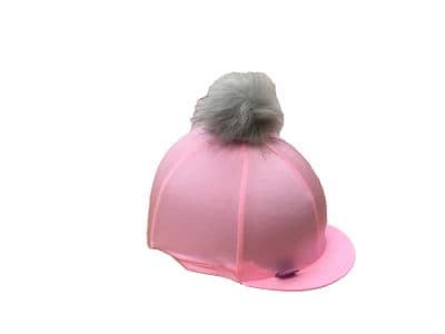 Lycra Hat Cover Sugar Pink & Grey Faux Fur Pom Pom