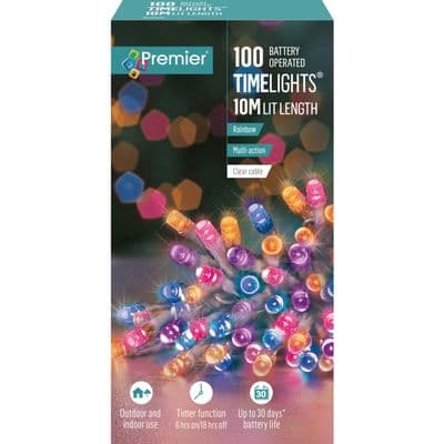 Premier 100 LED Multi Action Battery Operated TIMELIGHTS™ - Rainbow/Clear Cable