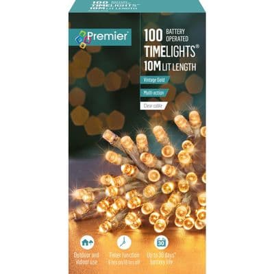Premier 100 LED Multi Action Battery Operated TIMELIGHTS™ - Vintage Gold/Clear Cable