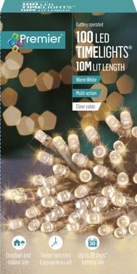 Premier 100 LED Multi Action Battery Operated TIMELIGHTS™ - Warm White/Clear Cable