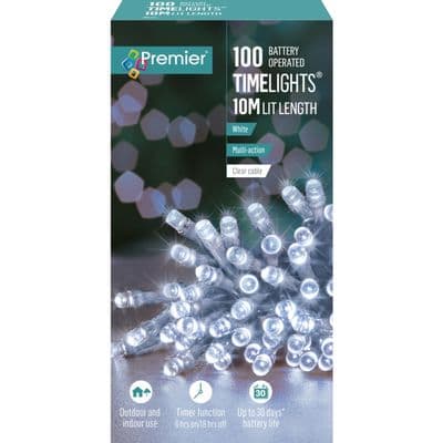 Premier 100 LED Multi Action Battery Operated TIMELIGHTS™ - White/Clear Cable