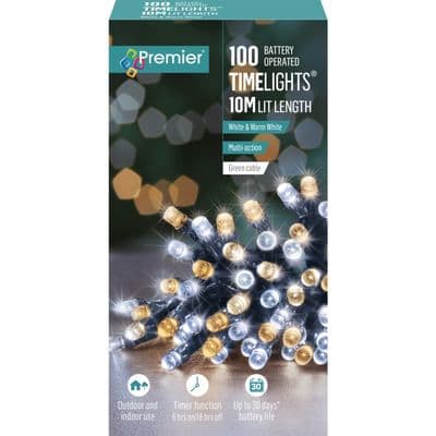 Premier 100 LED Multi Action Battery Operated TIMELIGHTS™ - White/Warm White/Green Cable