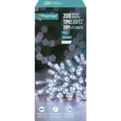 Premier 200 LED Multi Action Battery Operated TIMELIGHTS™ - White/Clear Cable