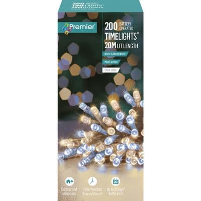 Premier 200 LED Multi Action Battery Operated TIMELIGHTS™ - White/Warm White/Clear Cable