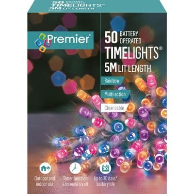 Premier 50 LED Multi Action Battery Operated TIMELIGHTS™ - Rainbow/Clear Cable
