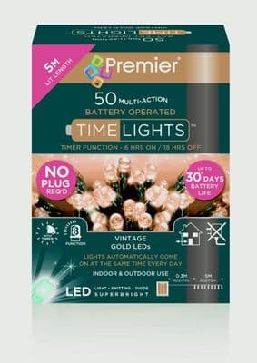 Premier 50 LED Multi Action Battery Operated TIMELIGHTS™ - Vintage Gold/Green Cable