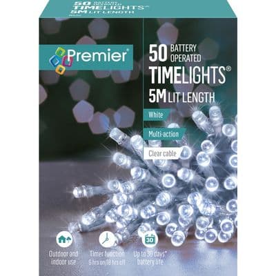 Premier 50 LED Multi Action Battery Operated TIMELIGHTS™ - White/Clear Cable