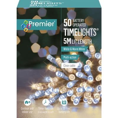 Premier 50 LED Multi Action Battery Operated TIMELIGHTS™ - White/Warm White/Clear Cable