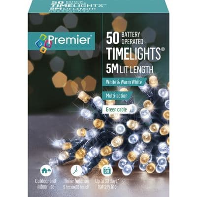 Premier 50 LED Multi Action Battery Operated TIMELIGHTS™ - White/Warm White/Green Cable