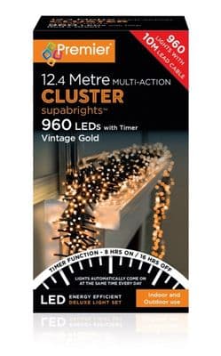 Premier 960 LED Multi Action Supabrights Cluster Lights With Timer - Vintage Gold/Green Cable