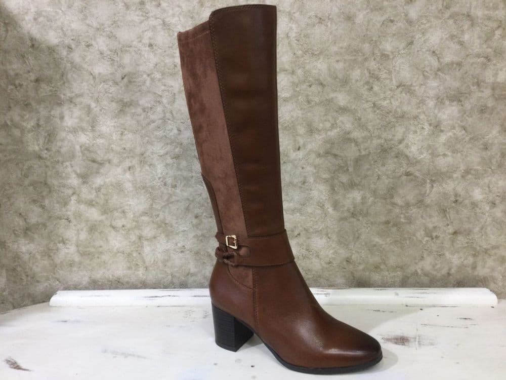 Caprice 25501-45-313 Tan Heeled Long Leg Boot with Buckle Details and Inside Zip