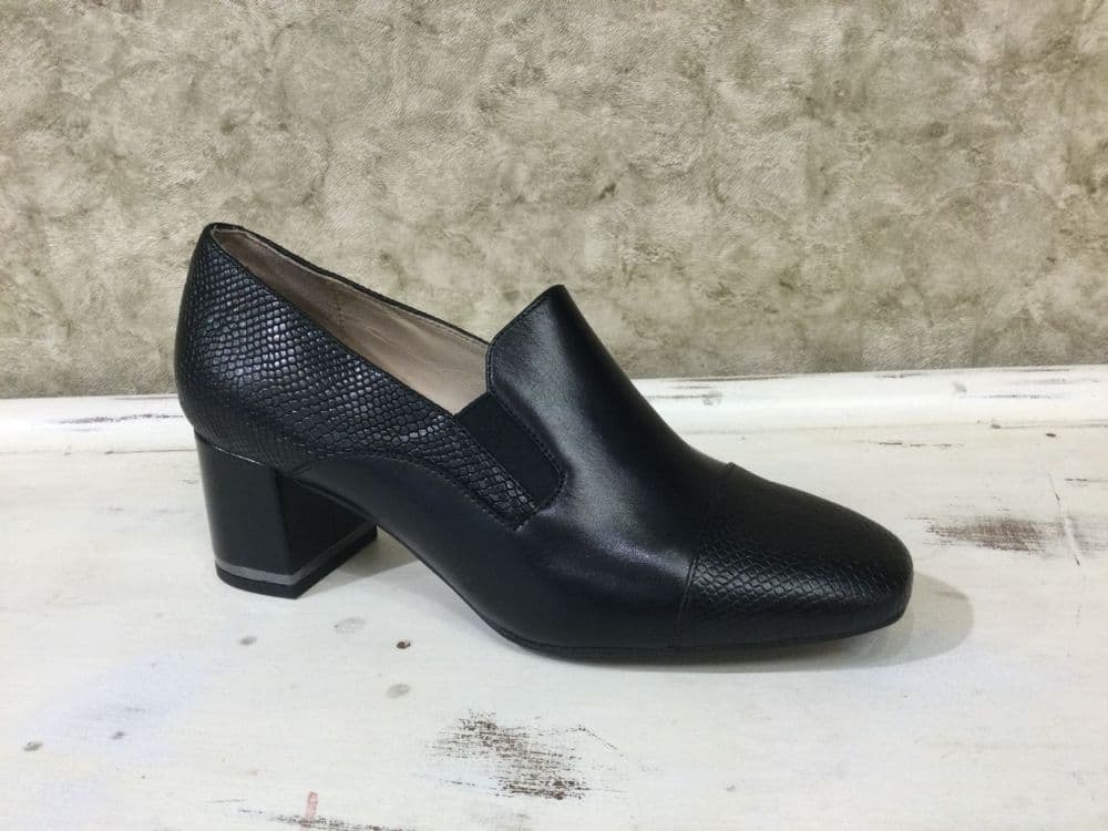 Caprice 9-24406-45 Black/Black Snake Block Heeled Slip On Shoe