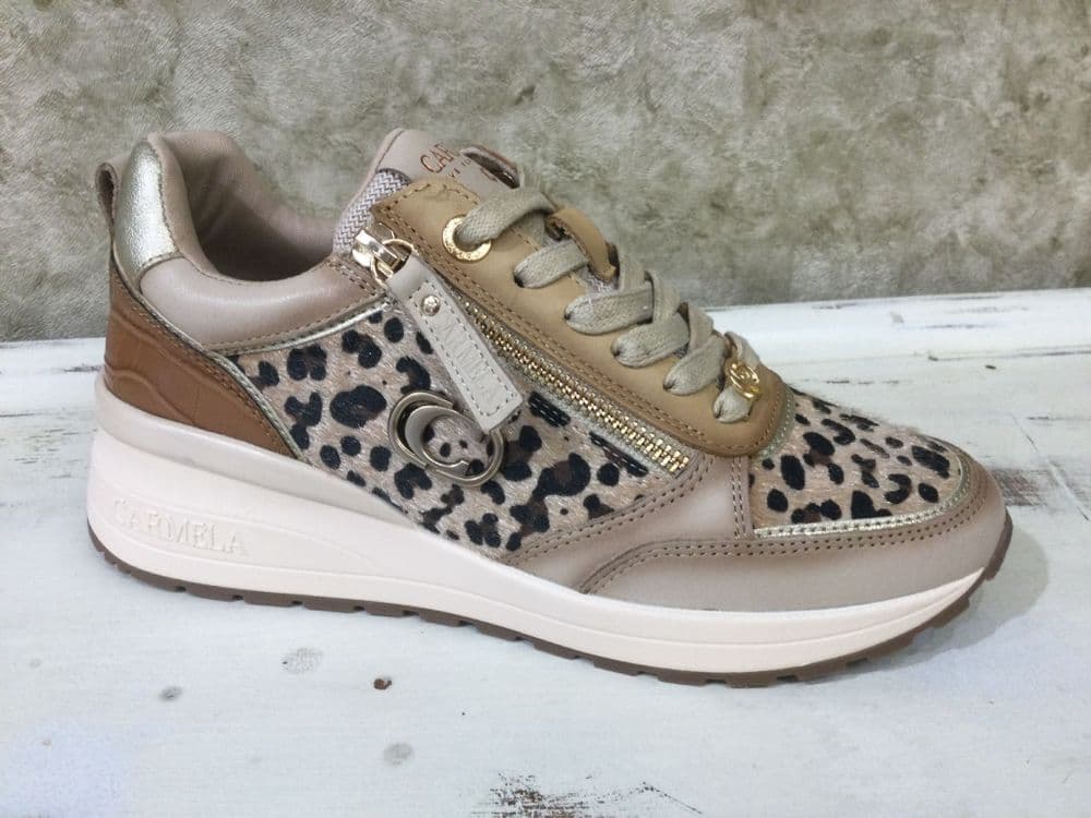 Carmela 162653 Beige Leopard Print Chunky Trainer with Side Zip