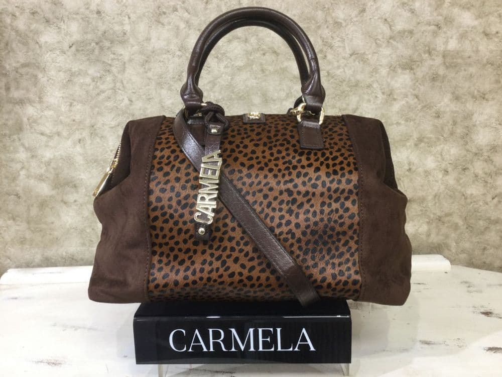 Carmela 18625302 Large Brown Handbag, Brown & Black Front Details with Grab Handles & Shoulder Strap