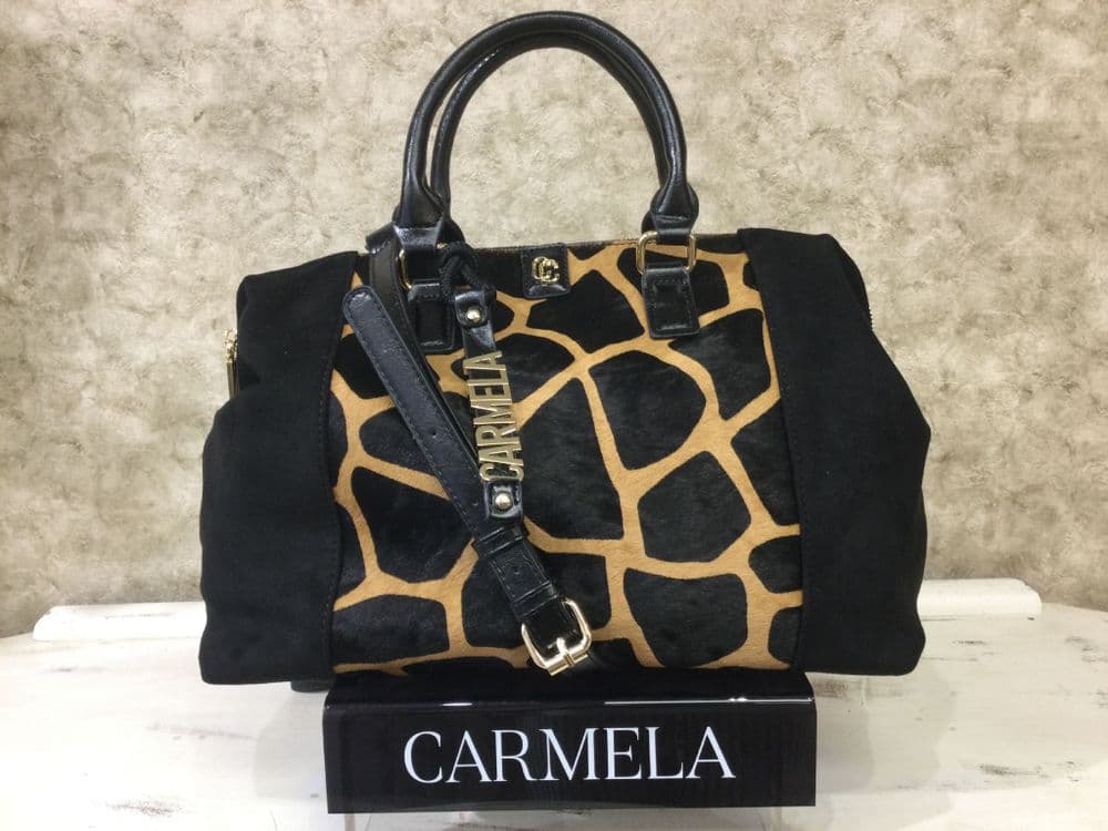 Carmela 18625304 Large Black Handbag, Black & Camel Front Panel with Grab Handles & Shoulder Strap