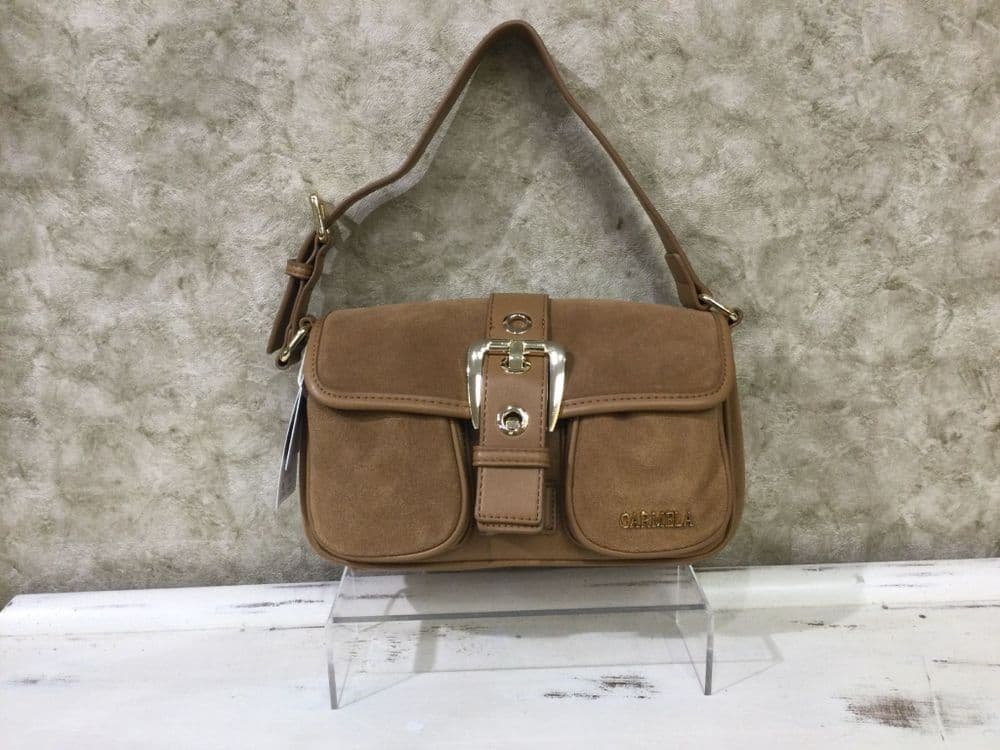 Carmela Handbag 186195 Camel Suede Shoulder Bag with Buckle Details