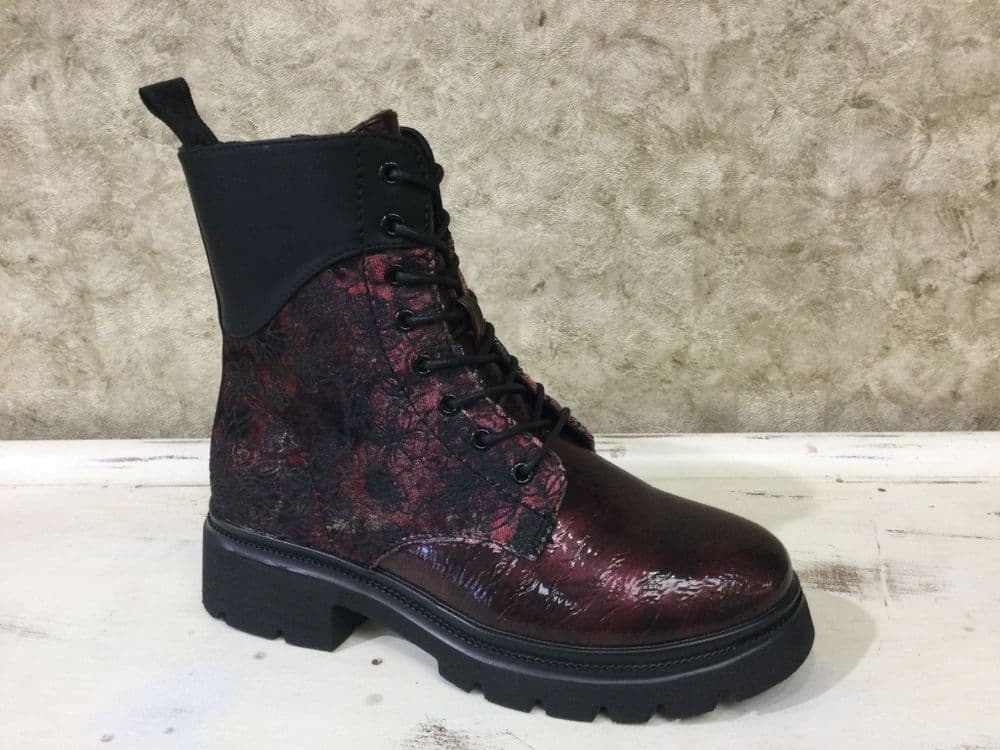 Heavenly Feet Florie Burgundy Patent/Print Lace and Zip Up Ankle Boot
