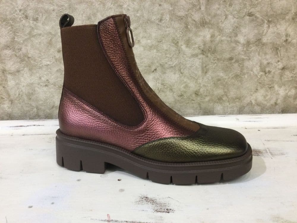 Hispanitas CHI254302 Bronze/ Burgundy/ Green Metallic Mix ankle Boot with Front Zip