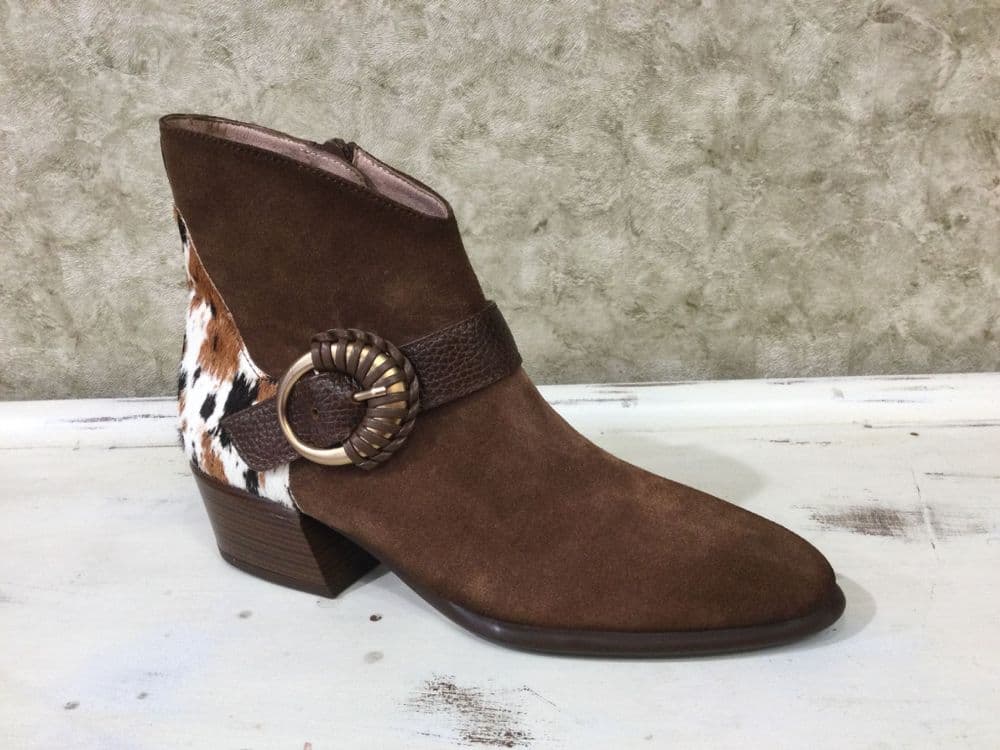 Hispanitas ZP1254256 Brown Suede/Cow Print  Low Heeled Boot with Buckle Detail