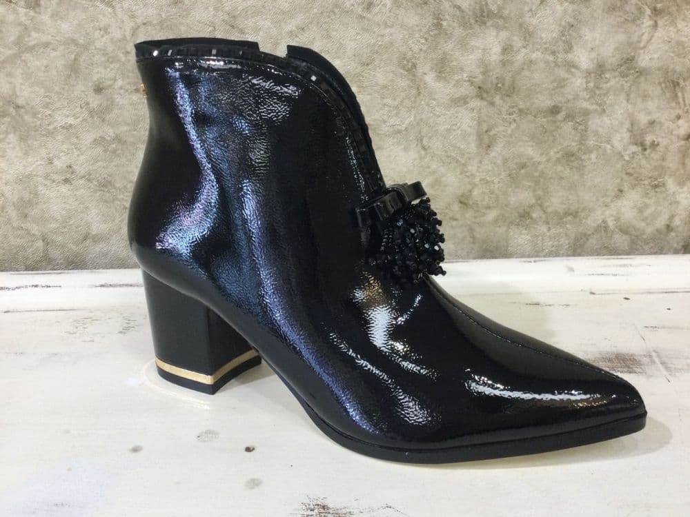 Kate Appleby Barmouth Black Patent Mid Heeled Ankle Boot with Tassel Detail