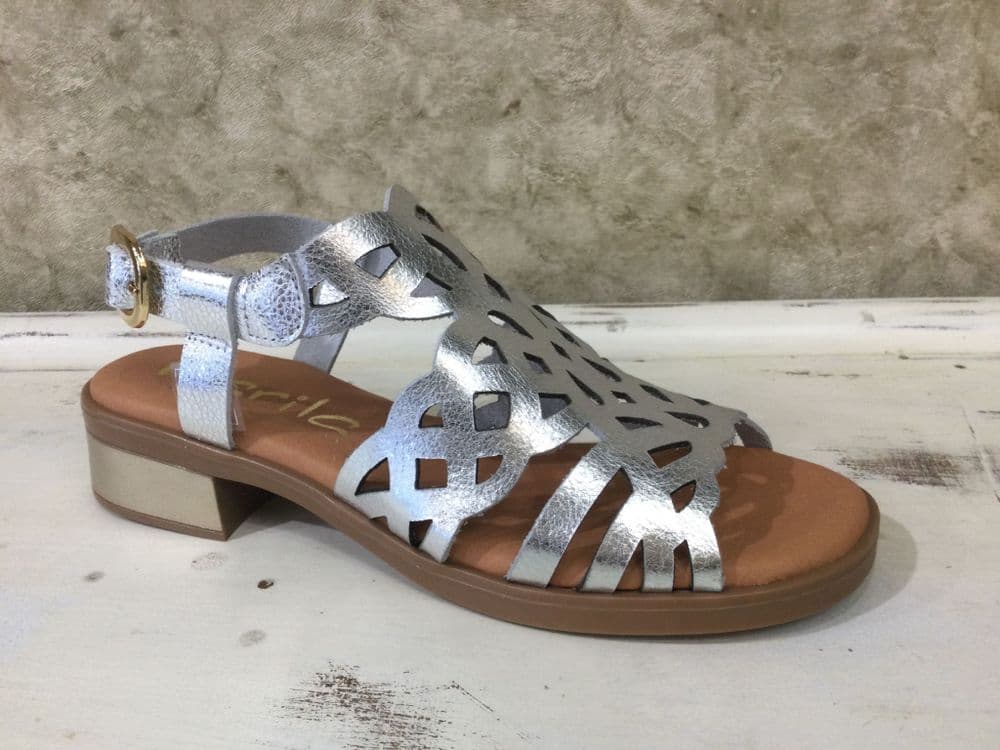 Marila Silver Leather Block Heel with Cutout Details