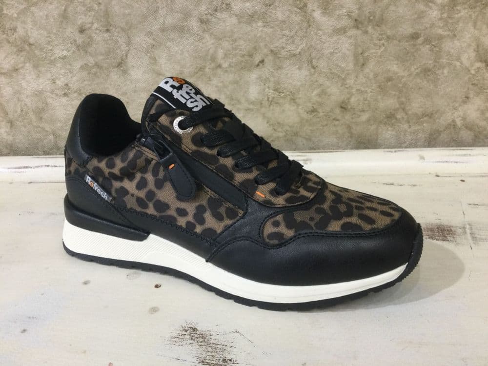 Refresh 172958 Black/Leopard Zip and Lace Up Trainer