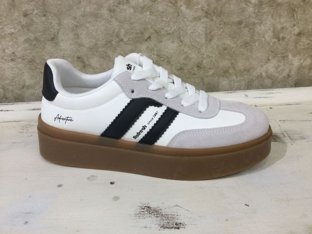 Refresh 173053 Black & White Lace up Chunky Fashion Trainer with Gum Sole