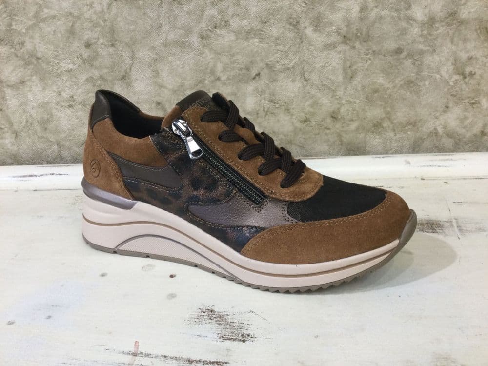 Remonte D0T23-24 Tan/Leopard Mix Wedge Trainer