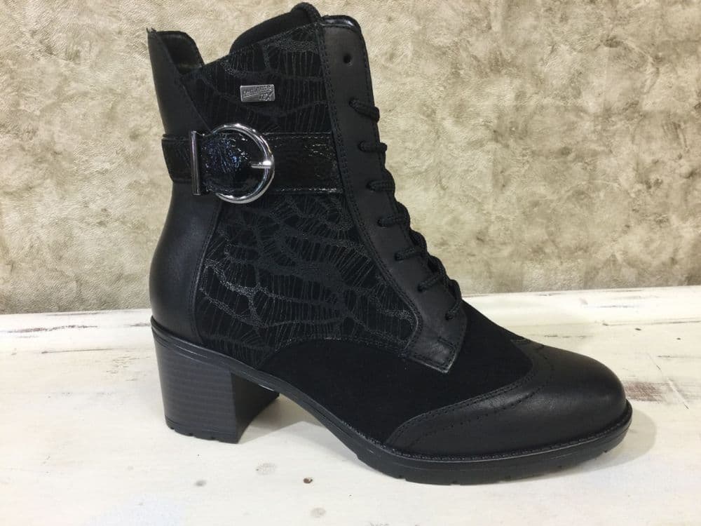 Remonte D2A77-02 Black Lace up Heeled Ankle Boot with Inside Zip