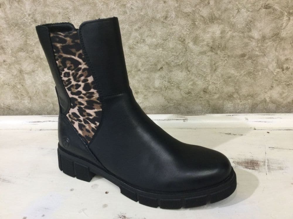 Remonte D2S70-03 Black/Leopard Print Zip Up Elasticated Boot