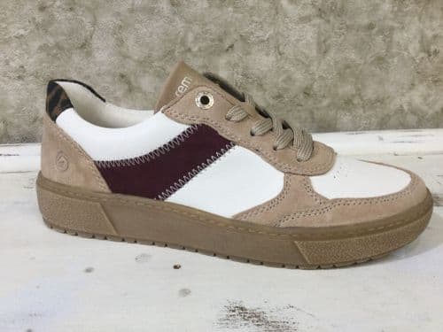 Remonte D2T01-60 Leather Beige, Cream & Burgundy Fashion Trainer With Side Zip