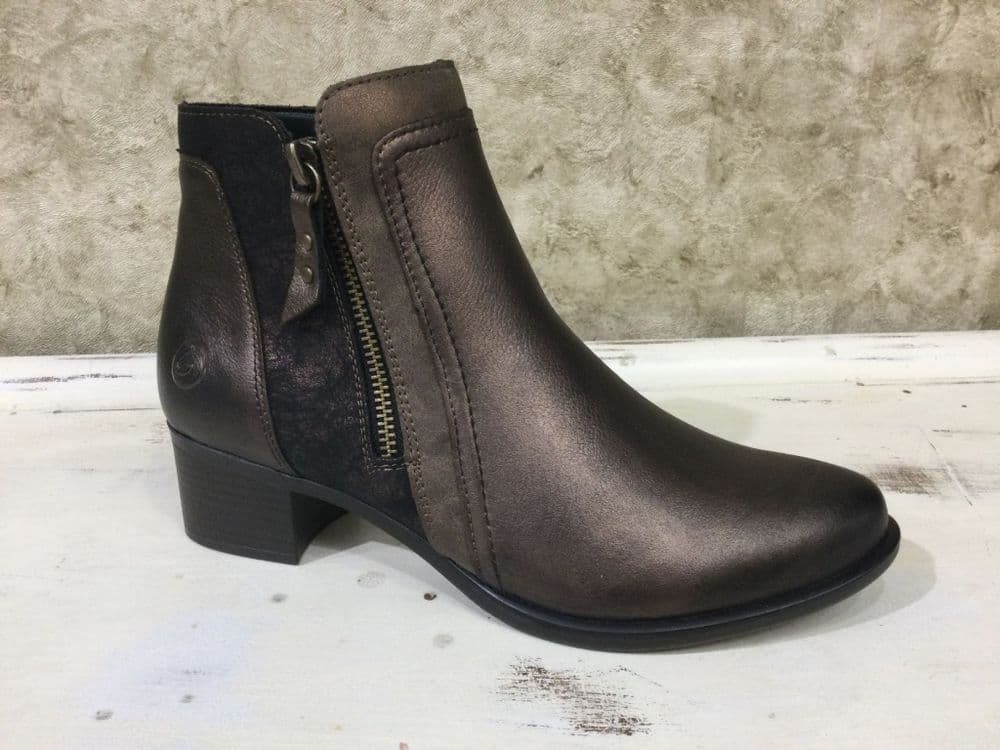 Remonte R5172-90 Antique Bronze Low Heeled Zip Up Ankle Boot