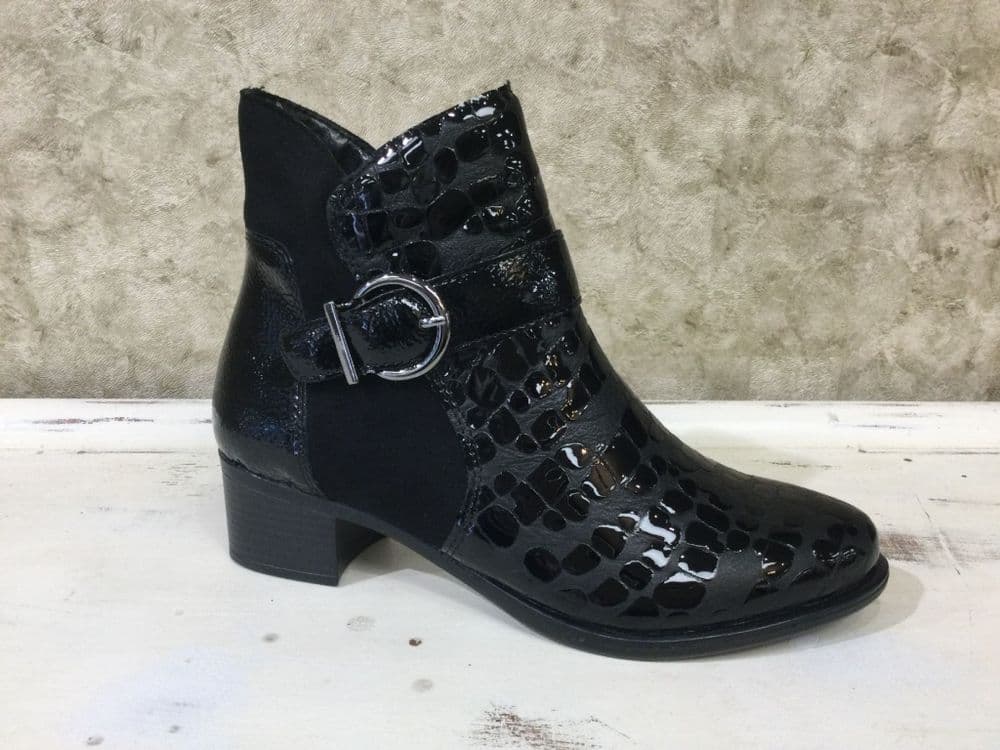Remonte R5188-02 Black Ankle Boot with Patent Details and Inside Zip