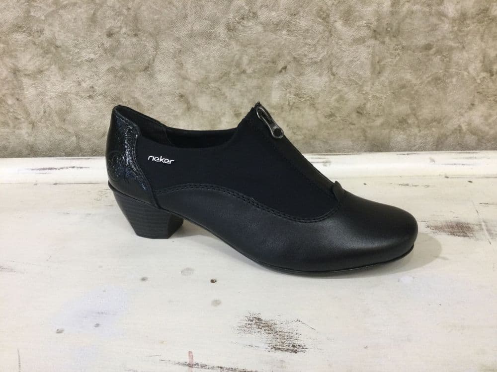 Rieker 41765-00 Black faux leather with fabric inset around zip shoe