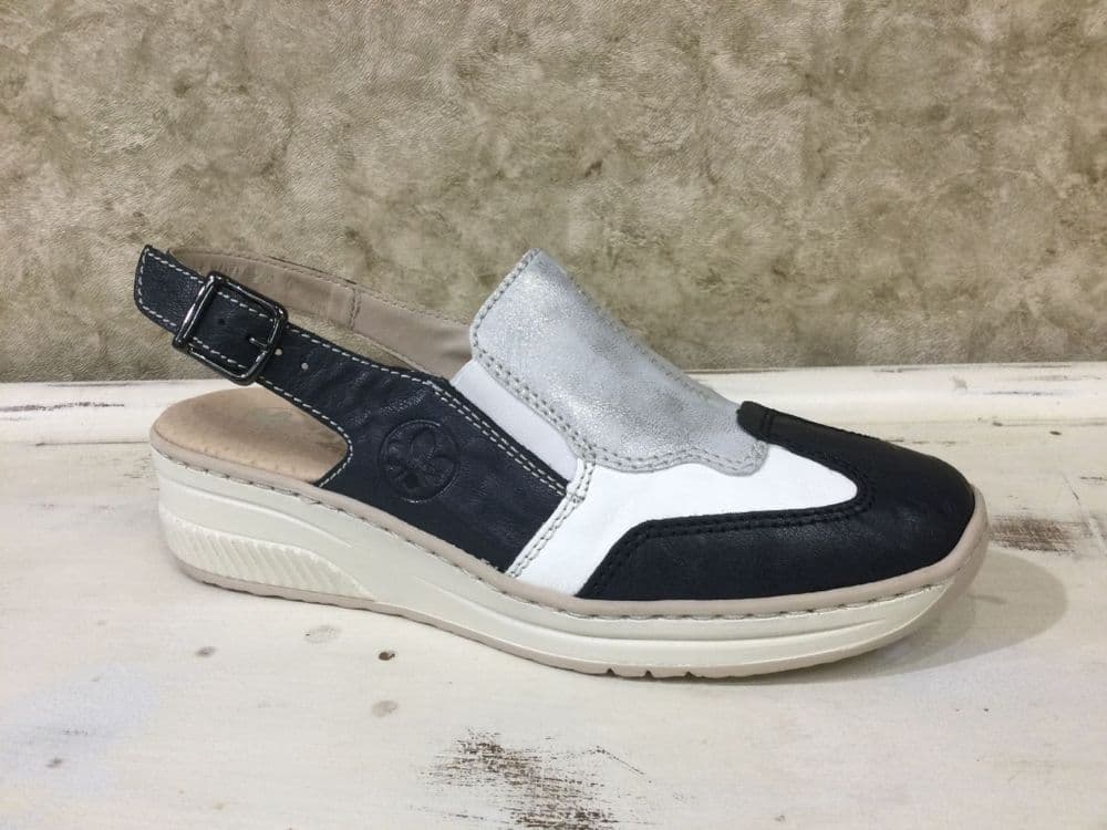 Rieker 48757-90 Navy/Silver/White Sling Back Wedge Shoe