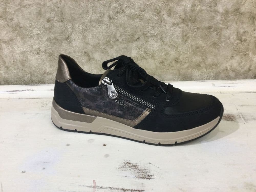 Rieker 58902-91 Black with Leopard & Gold Trimming Trainer with Functional Zip