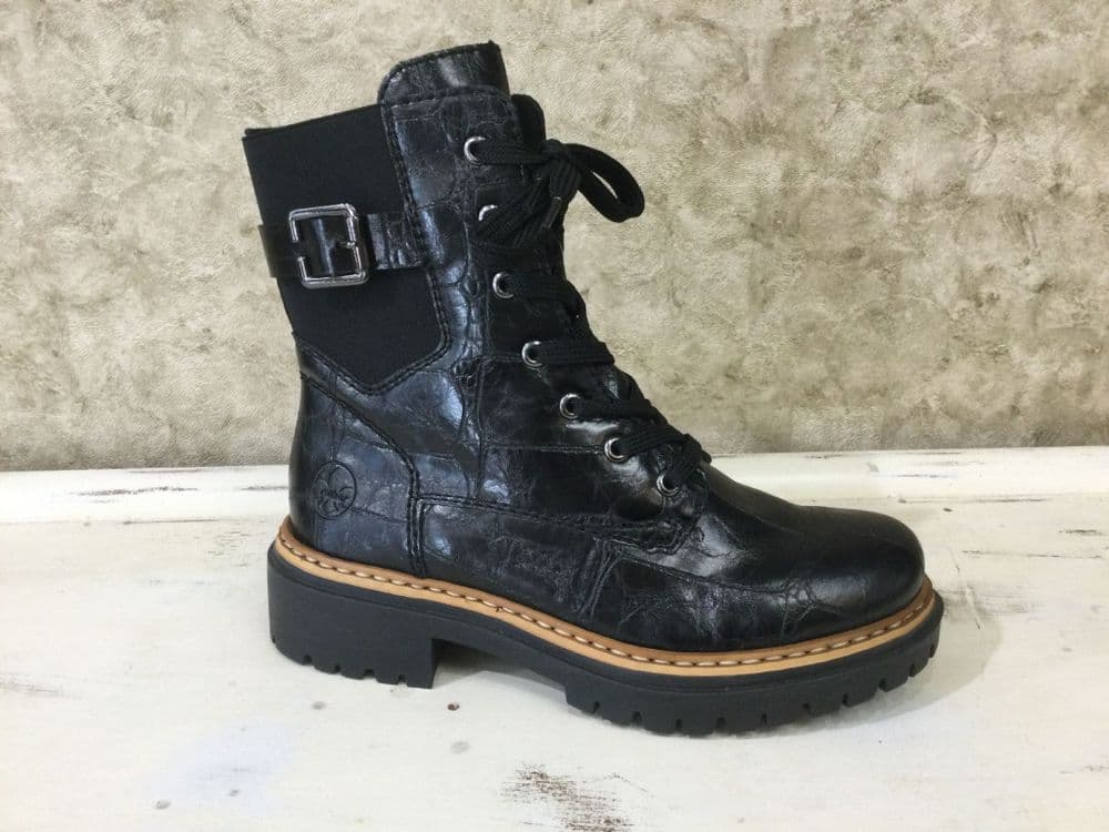 Rieker 72631-01 Black Croc finish Ankle Boot with inside zip