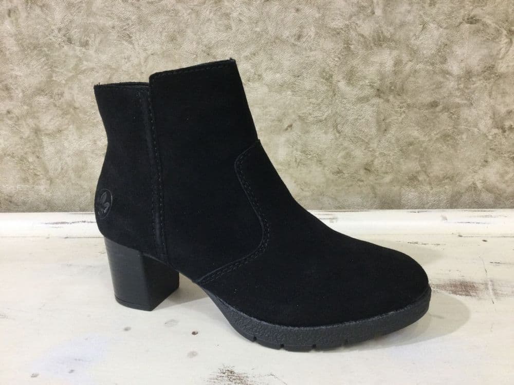 Rieker 77665-00 Black Suede Mid Heeled Zip Up Ankle Boot