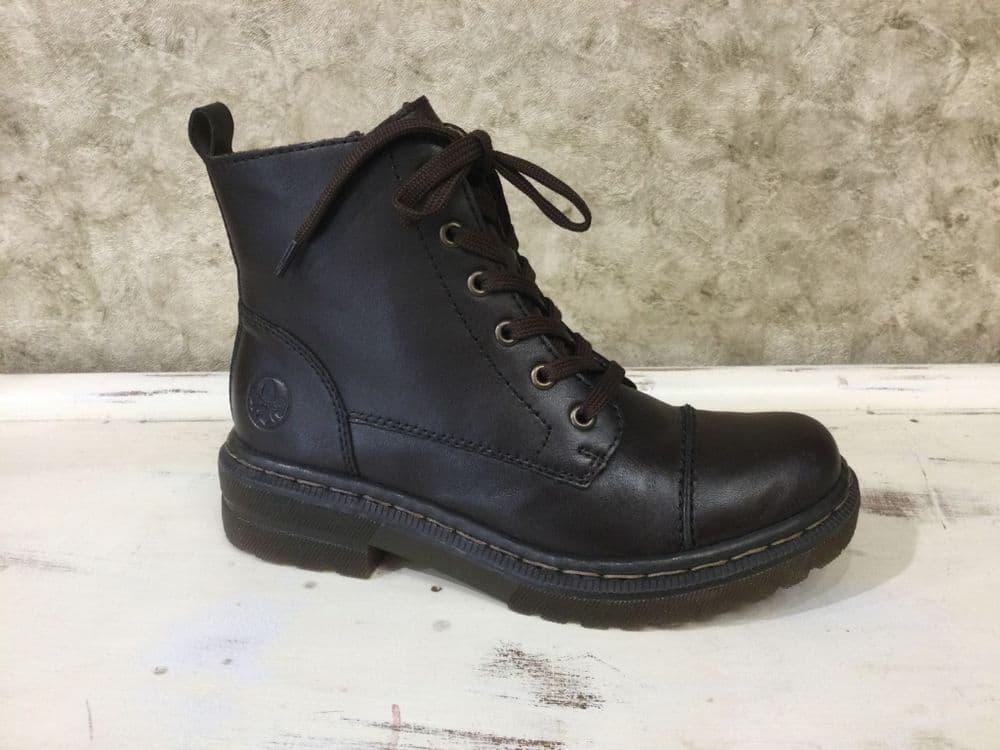 Rieker 78202-25 Dark Brown Leather Lace Ankle Boot with Side Zip
