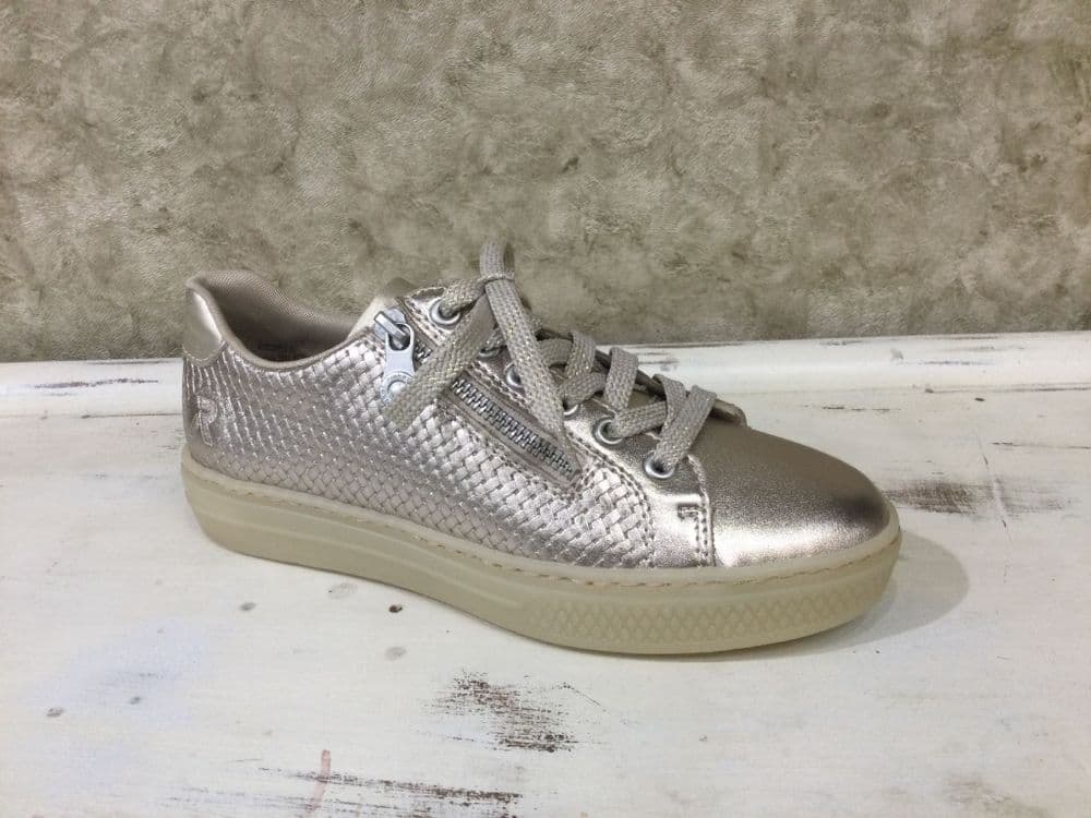 Rieker L5955-90 Pale Gold Metallic Lace and Zip Up Trainer