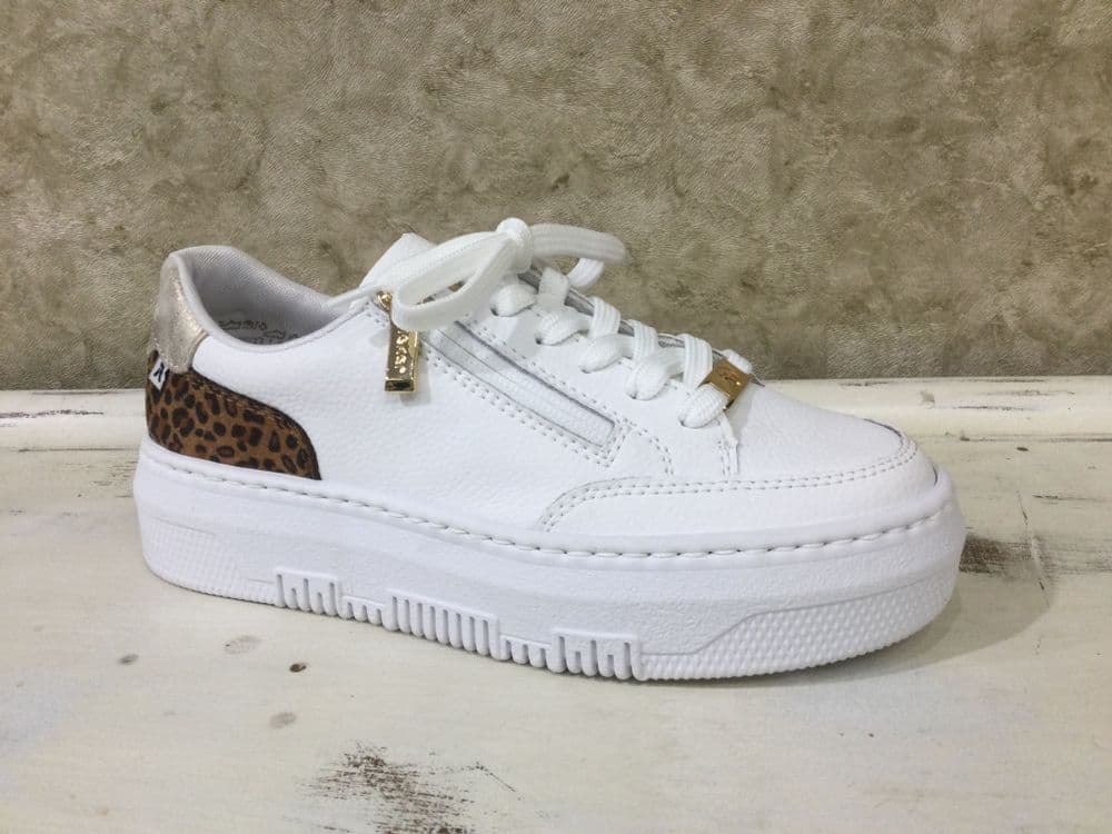 Rieker M1900-80 Chunky White Trainer with Leopard Print Detail and  Side Zip