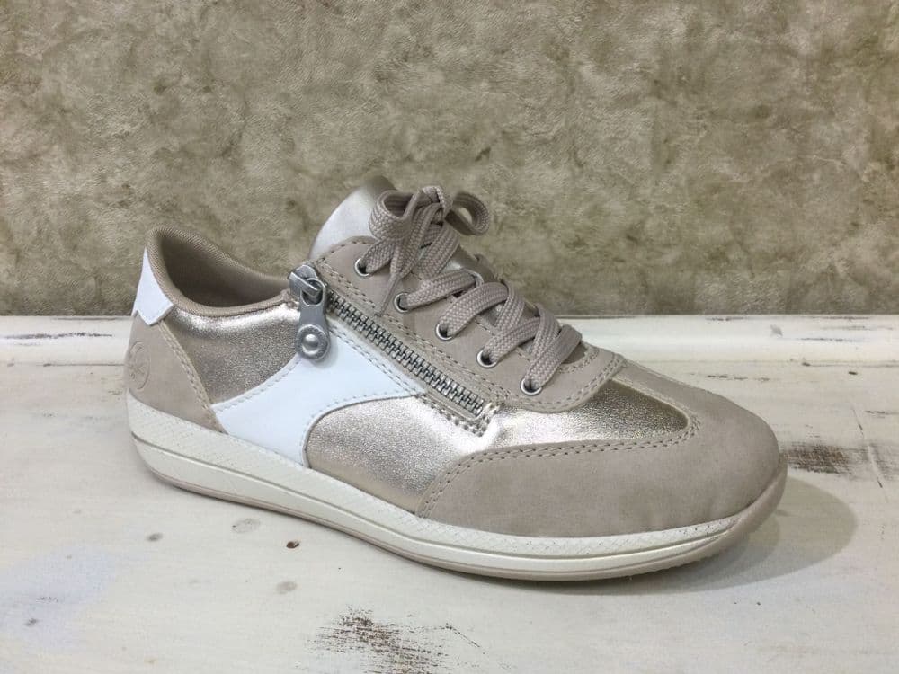 Rieker N1103-90 Beige/Gold Mix Lace and Zip Up Trainer