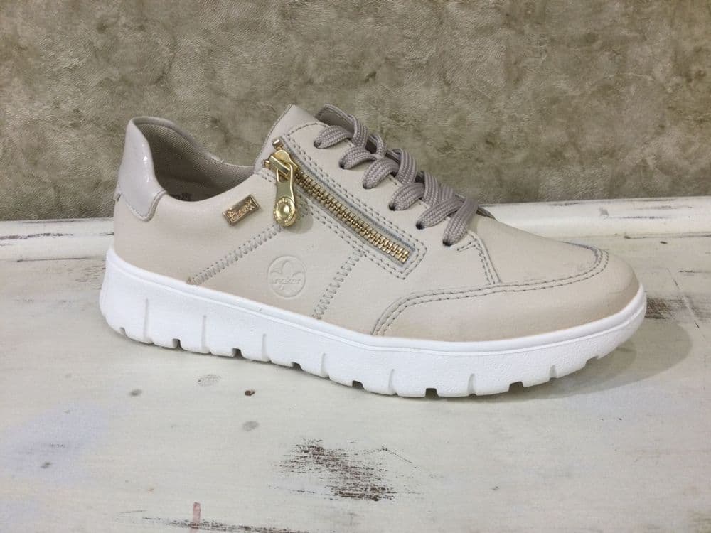 Rieker N1301-60 Cream Trainer TEX with Gold Zip Detail
