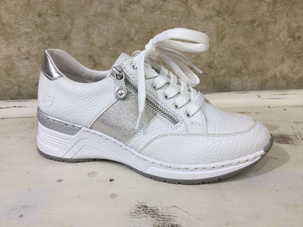 Rieker N4322-80 White Wedge Trainer with Silver Details and Functional side Zip