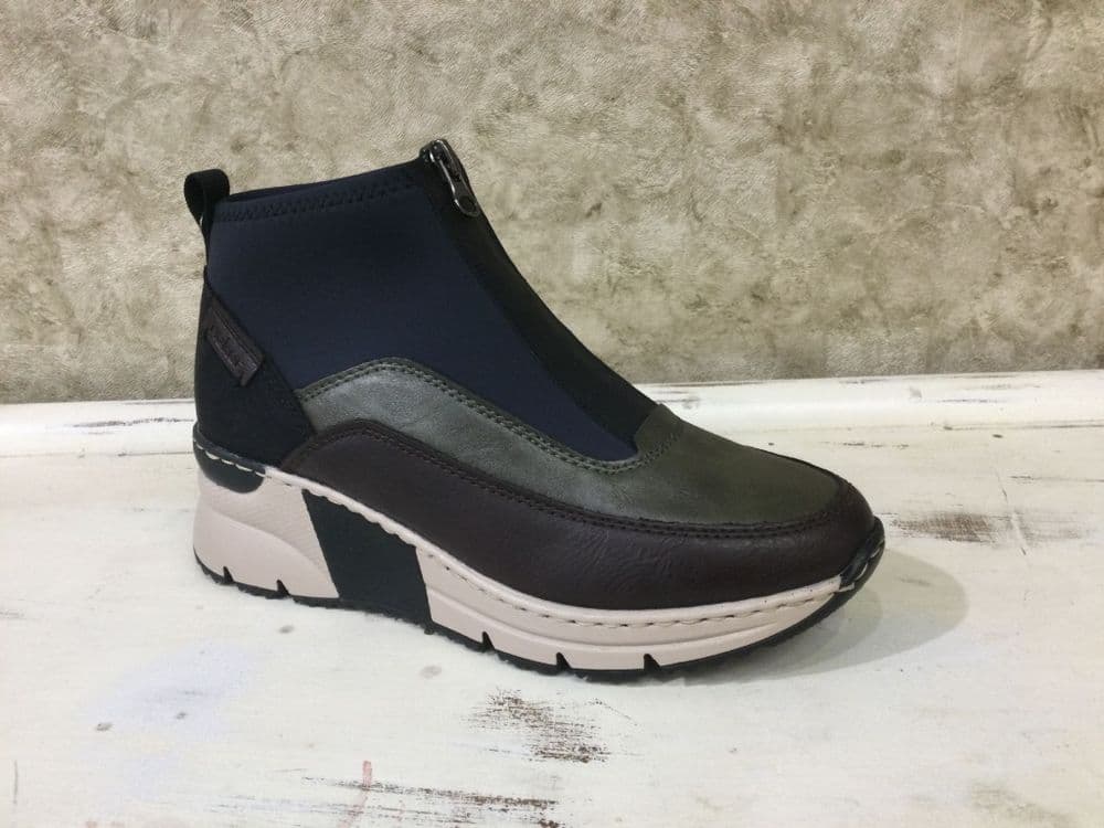 Rieker N6352-91 Brown/Khaki/Navy Mix Wedge Front Zip Up Ankle Boot