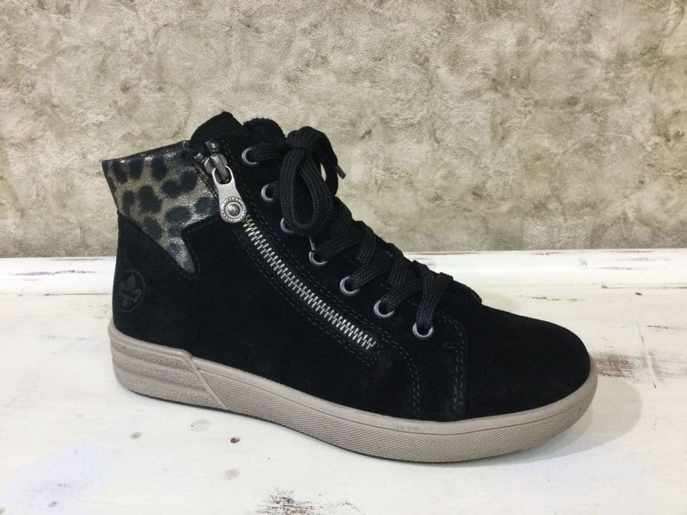 Rieker X0709-00 Black/Gold Cheetah Lace and Zip Up Ankle Boot