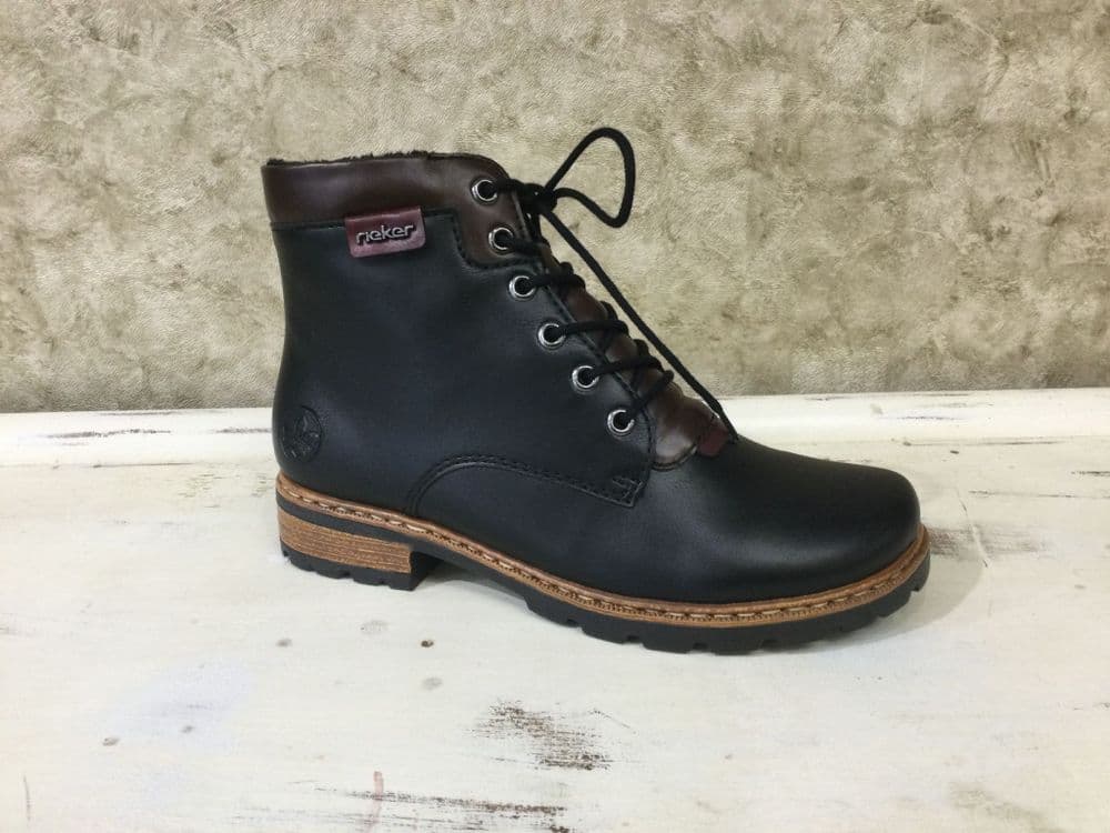 Rieker Z9340-00 Black Ankle Boot with Brown and Wine trim and inside zip