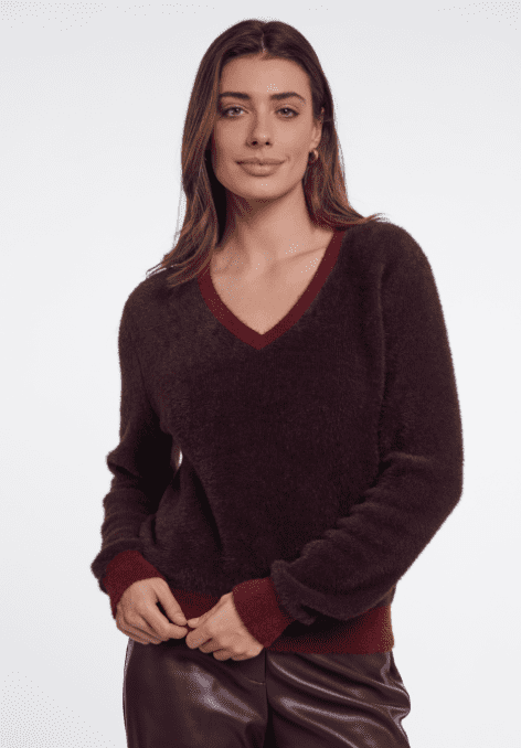 Rino & Pelle Keath Long Sleeve Pullover with V-neck in Fudge-Sangria