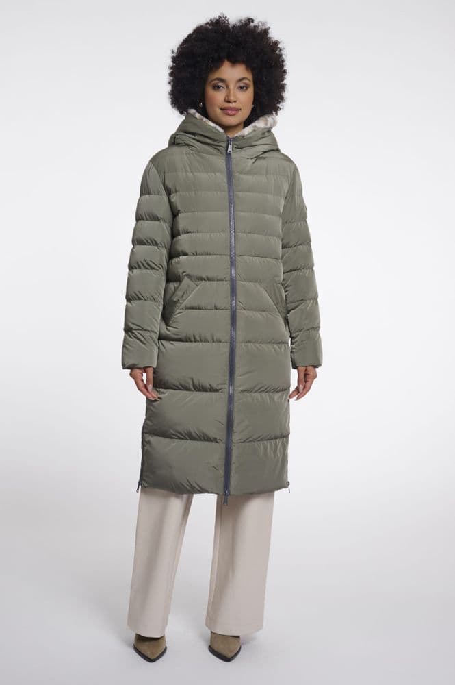 Rino & Pelle Keilafur Misty Basil Light Leopard Long Padded Hooded Coat